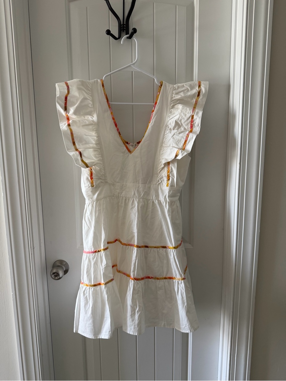 TCEC White Ruffle Sleeve Dress with Orange & Pink Trim